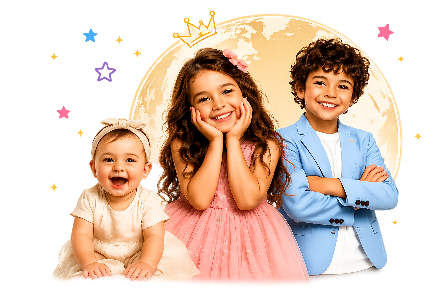 Three smiling contestants — a baby, a girl in a pink dress, and a boy in a blue blazer — in front of a golden globe